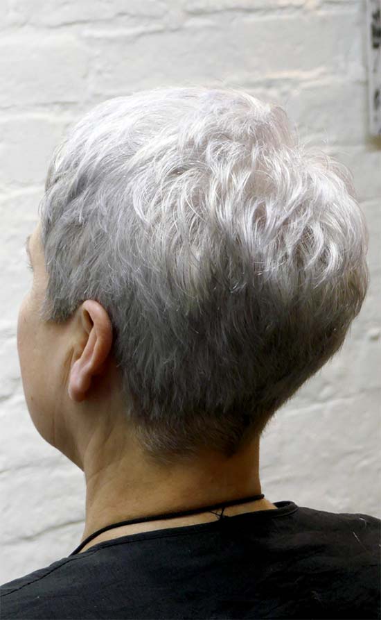 natural silver cropped cut with a short fringe