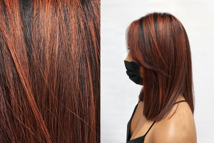 close up of copper highlights hair
