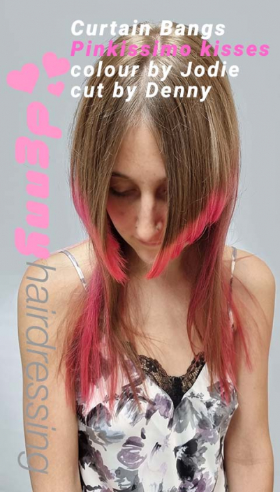 Alt+”Curtain Bangs Fringe with pink slices hair”