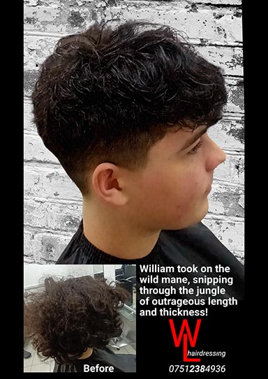 A stylish haircut transformation showcasing a before and after comparison of a dramatic hair styling by William at Denny Hairdressing