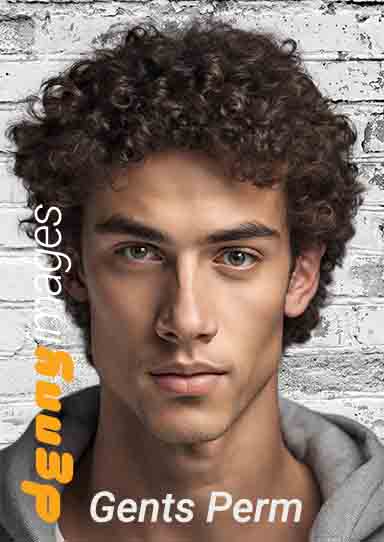 young man with short, permed curly hair stands against a white brick wall.