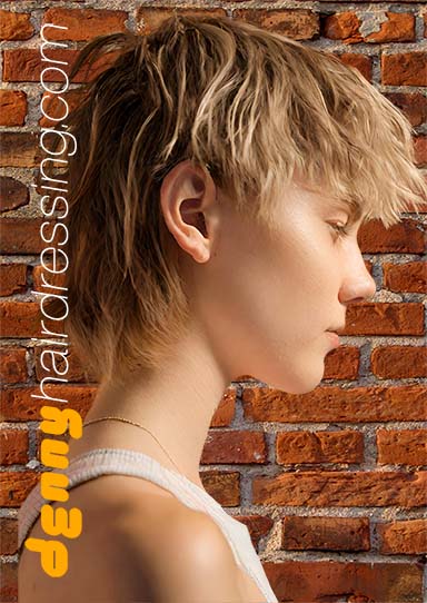 A young woman with a short mullet hairstyle against a red brick wall. The mood is modern and edgy.